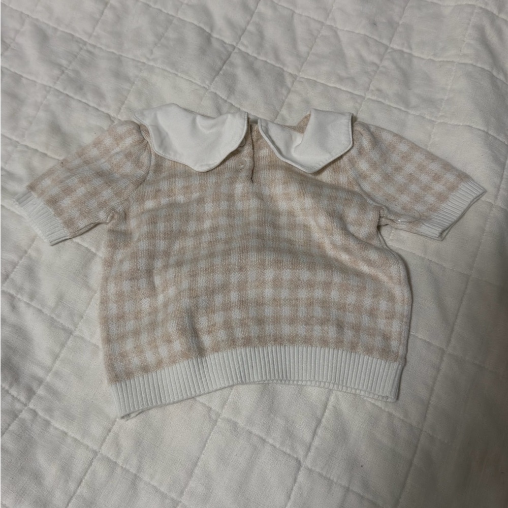 NORDSTROM 6 Month Plaid Beige Baby Outfit with Peter Pan Collar - Picture 3 of 6